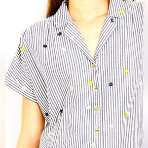 A Pea In The Pod Button Down Short-Sleeved Blouse with Embroidered Flowers